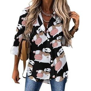 Grappige Panda Ride on Cow Womens Blouses Hawaiiaanse Button Down Womens Tops Lange Mouw Shirts Tees 3XL