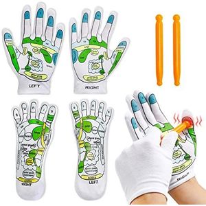 Onukaly 4 stuks acupressuur reflexologie sokken en handschoenen gereedschapsset, handspa reflexologiegereedschappen, massage en voetmassage met massagestaaf voor vrouwen en mannen moe verlichten