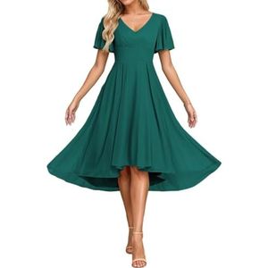 Korte Mouw Bruidsmeisje Jurken voor Bruiloft Hoge Lage Chiffon Formele Avond Party Maxi Gown Thee Lengte AH156, Turkoois, 52 grote maten