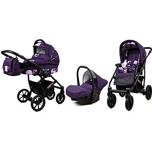 BabyLux Largo 3 in 1 Baby Reis Systeem Kinderwagen Autostoel Afneembare Regenhoes Voetenzak Dragende Wielen Pasgeborene tot Baby Violet Flowers Black Frame