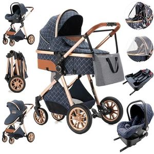 Zkiprm 4-in-1 kinderwagen met ISOFIX Base, kinderwagen, kinderwagen en kinderwagen, draagbare compacte kinderwagen, inklapbaar met één klik, combinatie van landschapskinderwagen met hoog aluminium