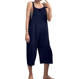 BANGHA Jumpsuits Voor Vrouwen Zomer Casual Effen Kleur Vrouwen Losse Katoen Linnen Jumpsuit Mouwloze Harem Overalls Jumpsuits Losse Vintage Broek Femme Kleding, Blauw, XXL
