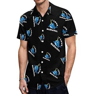 I Love Narwhale Hawaiiaanse shirts voor heren, korte mouwen, casual overhemd met knopen, vakantie, strandshirts, 2XS