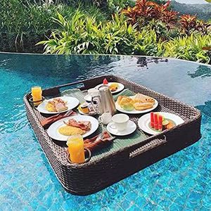 pallet， Eettafel met rechthoekige zwevende schaal, handgemaakte en zorgvuldig gevlochten rotan serveermand for tafel en bar, for het serveren van drankjes(Black)