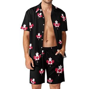 Canada Maple Leaf Vlag En Hart Hawaiiaanse Bijpassende Set 2 Stuk Outfits Button Down Shirts En Shorts Voor Strand Vakantie