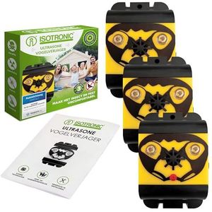 ISOTRONIC Vogelafweer, 3-delige set, werkt op batterijen, tegen duiven, meeuwen, raven en andere vogels, vogelverschrikker met ultrasoon geluid en lichtsignalen, voor tuinen, plantages, balkons, 120