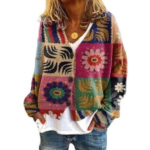 LIUYUYOUGO Vesten Dames,Bloemenprint Vesten Voor Dames Geometrie Bloem Open Voorkant Gebreide Vesten Dames V-Hals Trui Jas Zacht Los Dames Lichtgewicht Jack Herfst Casual Outwear Rood S