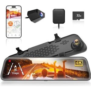 WOLFBOX Mirror Dash Cam Backup Camera, 12 ""IPS Full Touch Screen, 2160P HD Dual Lens Smart achteruitkijkspiegel voor auto's en vrachtwagens, HDR Stream Media met nachtzicht, Gratis 32GB TF-kaart