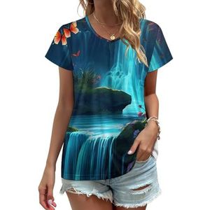 Vlinder Waterval Dames V-hals T-shirts Leuke Grafische Korte Mouw Casual Tee Tops XL