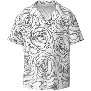 TyEdee Zwart Wit Rose Print Heren Korte Mouw Jurk Shirts Met Zak Casual Button Down Shirts Business Shirt, Zwart, L