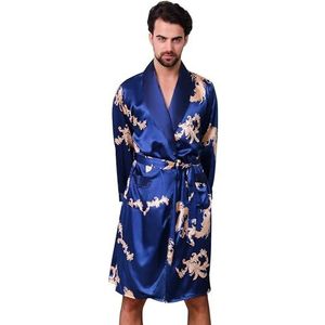 Haseil Heren satijnen badjas draak luxe zijde spa lange mouwen huis kimono badjas, Blue Gragon, 3XL