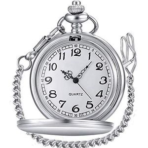 LYMFHCH Klassieke Gladde Vintage Quartz Pocket Horloge, Arabische Cijfers Schaal Mens Womens Horloge met Ketting Kerst Afstuderen Verjaardagscadeaus Vaderdag, Zilver, Antiek
