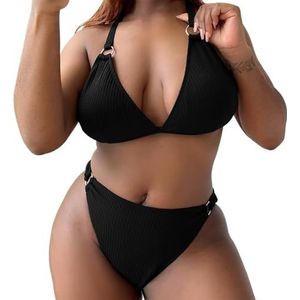 XPJYUA Bikini voor dames, sexy badpak voor dames, gestructureerd met hoge taille, badpak met ketting, effen, grote badpakken, Zwart, XL