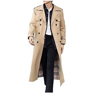 XIAOJU Trenchcoat Heren Lange Jas Herfst Business Riding Country Kleding Dubbele rij Jas Grote Maat Lange Mouwen Over de Knie Bovenkleding, Khaki-XXL