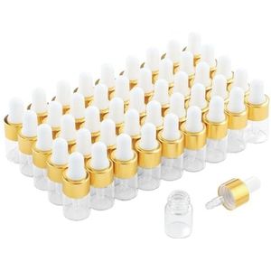 Parfumlism 50 stuks mini-druppelflessen, lege glazen flesjes met gouden deksels, parfummonsters voor etherische oliën, lichaamsolie en vloeistoffen (2 ml)