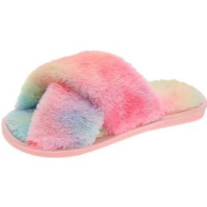 BOSREROY Ademende Comfortabele Pluche Sandalen Platte Thuis Lichtgewicht Slippers Fuzzy Zachte Warme Slipper Antislip Cross Band Harig, Multi kleuren 2, One Size