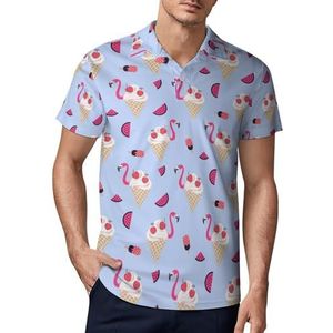Flamingo Ice Cream golfpoloshirt voor heren, slimfit T-shirts met korte mouwen, casual print, tops, 5XL
