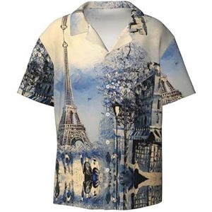 Romantische Parijs Eiffeltoren Print Heren Korte Mouw Jurk Shirts met Zak Casual Button Down Shirts Business Shirt, Zwart, 4XL