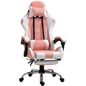 Vinsetto Gamingstoel, ergonomische bureaustoel, computerstoel, gamer stoel met hoofdsteun, lendenkussen, bureaustoel, in hoogte verstelbaar, 360 graden draaibaar, schuim, kunstleer, pvc, roze + wit, 64 x 67 x 119-127 cm