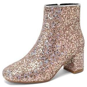 EICOFF Dames Glitter Enkelhoge Laarzen met Blokhak en Zijrits Korte Paillettenlaarzen Party Ronde Neus Nette Schoenen Bruiloft Bruidsfeest Schoenen,Goud,35 EU