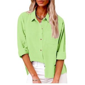 Dames katoenen linnen button-down overhemd 2024 lente casual effen kleur shirts met lange mouwen losse werktops met zakken(Color:Yellow-Green,Size:M)