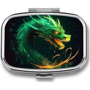 Green Dragon Pillendoosje Reizen Pillenorganizer 2 Compartimenten Wekelijkse Pillenetui met spiegel Een Dag Medicijncontainer Geneeskunde Organizer voor portemonnee, zak of portemonnee