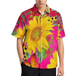 Geel Zonnebloemen Vlinder Hawaiiaans Shirt Voor Mannen Zomer Strand Casual Korte Mouw Button Down Shirts met Zak