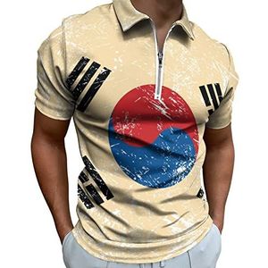 Retro Zuid-Korea vlag heren poloshirt met rits T-shirts casual korte mouw golf top klassieke pasvorm tennis tee