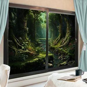 Tropisch bos raamfolie bekledingen berg natuur groene boom vintage venster privacy film niet-klevende glasfilm decoratieve statische hechtfolie voor thuiskantoor 70 x 100 cm x 2 stuks