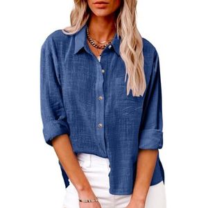 Dames katoenen linnen button-down overhemd 2024 lente casual effen kleur shirts met lange mouwen losse werktops met zakken(Color:Blue,Size:L)