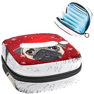 Maandverband Opbergtas, Periode Kit Bag voor School, Menstruatie Cup Pouch, Maandverband Pads Organizer Bag, Kerst Hoed Leuke Hipster Pug Sneeuwvlok