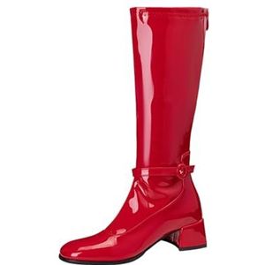 Dames Chelsea-laarzen Met Blokhak Elegante Lange Laarzen Met Gesp 2025 PU-lakleren Rijlaarzen Met Rits Grote Maten Hoge Hakken For Feestjes(Red,43 EU)