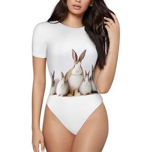 ELSMZXZD Bodysuit met korte mouwen voor dames - wit konijn bedrukt ronde hals bodysuit, rekbaar T-shirt top, casual slim fit turnpakje, 3 D, S