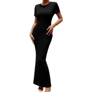 Bodycon Maxi-jurk met Korte Mouwen, Ronde Hals en Fishtail-zoom, Casual Slim-fit Midi-jurk (Zwart)