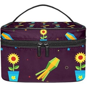 Verschillende Groene Bladeren Patroon Make-up Tas Voor Vrouwen Meisjes Cosmetische Tassen Met Handvat Reizen Make-up Organizer Tas, Zonnebloem Pot Cultuur, 8.9x5.9x5.4 Inches, Make-up Pouch