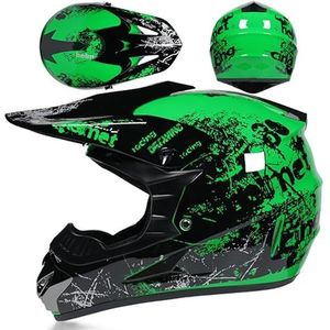 Full Face Crosshelm Voor Kinderen En Volwassenen Met Bril Handschoenen En Masker, Motorhelm Voor Offroad MTB Dirtbike Quad Jongens Meisjes Mannen Vrouwen,Green 2-M
