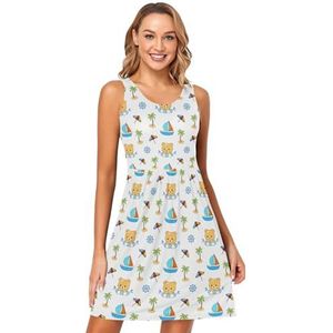 LI ZHI XIN Vrouwen Zomerjurken Ronde Hals Casual A-lijn Mouwloos Vest Jurken met Zakken Kleine Beer Sailor Cartoon Patroon, Meerkleurig, S