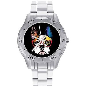 Cool Franse Bulldog Hond Mannen Polshorloge Mode Sport Horloge Zakelijke Horloges met Roestvrij Stalen Armband, Stijl, regular
