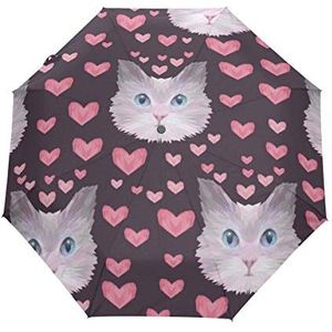 Roze hart kat kitty paraplu winddicht automatisch opvouwbare paraplu's automatisch open sluiten voor mannen vrouwen kinderen