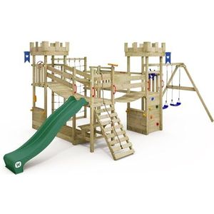 WICKEY Speeltoren ridderkasteel Smart Arch met schommel en groene glijbaan, outdoor kinderklimtoren met zandbak, ladder en speelaccessoires voor de tuin