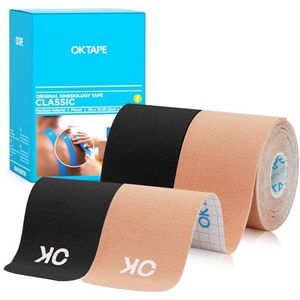 OK TAPE Voorgesneden kinesiotape 25 cm, 20 strepen, van elastisch katoen, latexvrij, 5 cm x 5 m, beige + zwart