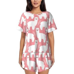RIVETECH Alpaca lama print dames pyjama met korte mouwen - comfortabele korte sets, mouwen nachtkleding met zakken, Zwart, XL