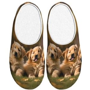 EdWal Golden Retriever honden puppy's print winter warme pantoffels indoor anti-slip pluche pantoffels ontspannen thuis voor vrouwen mannen, Zwart, 37.5 EU