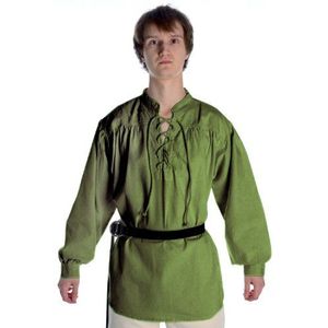 HEMAD Middeleeuws overhemd, vetersluiting met opstaande kraag - Katoen - Linnenstructuur - Olijfgroen M