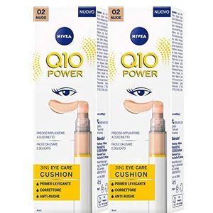 Nivea Q10 Power 3-in-1 Eye Care Cushion Primer gladmakende corrector, anti-rimpel voor oogcontour, zachte formule tegen wallen en kringen onder de ogen, kleur 02, met pad-applicator, 2 flessen à 4 ml
