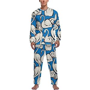 Zwaan vogels blauwe zachte heren pyjama set comfortabele lange mouwen loungewear top en broek geschenken 2XL