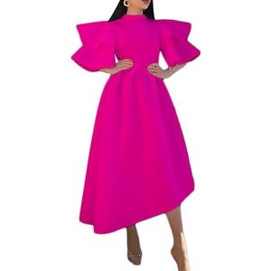 Vrouwen Casual Loose Ruffle Sleeve Swing Dress Elegant Midi Slanted Hem Dresses (Color : Rose Red, Size : 3XL)