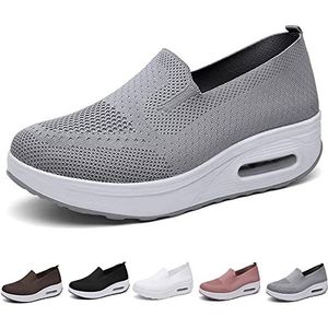 JISAAN Orthopedische sneakers voor dames, luchtkussen instappers, orthopedische schoenen voor dames, comfortabele instappers breien ademend mesh antislip platform casual sneakers (grijs, 41)