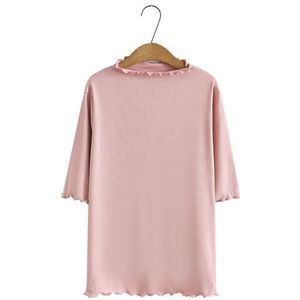 SDFGH Oversized Curve Kleding Plus Size Basic T-shirt Dames Zomer Ruffle Stand Kraag Tees Halve mouw Dieptepunt Tops (Color : Pink, Size : 3X-Large)