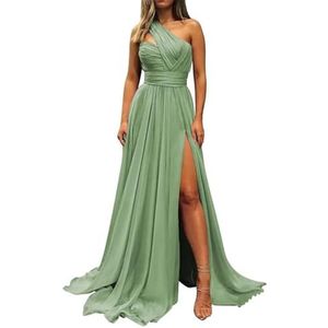 Chiffon bruidsmeisjesjurken voor dames, voor bruiloft, ruches galajurken, plooien, cocktailjurken, grote maten, Sage Groen, 32